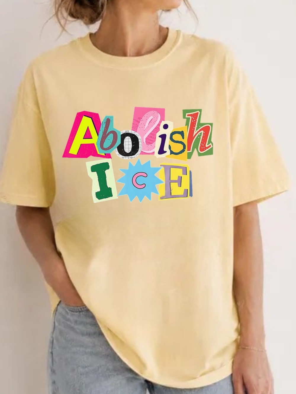 Gildan Yellow Short-Sleeve Tee with Colorful 'Abolish ICE' Graphic T-Shirt